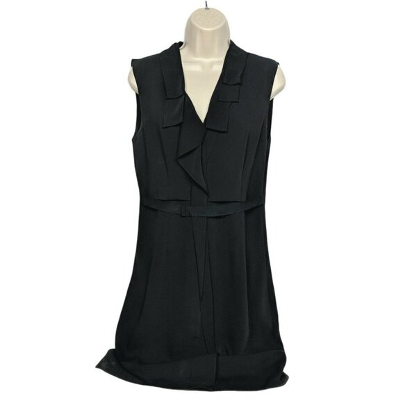 Tahari Black Shift Dress Ruffle V Neck Zip Up Size 4 - Picture 1 of 5